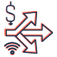 Drawn icon of 3 diverging arrows, with smaller dollar sign above and a wi-fi symbol below