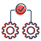 Icon of two gears connected by lines to a red circle with a checkmark